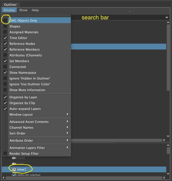 finding the time1 node in the outliner
